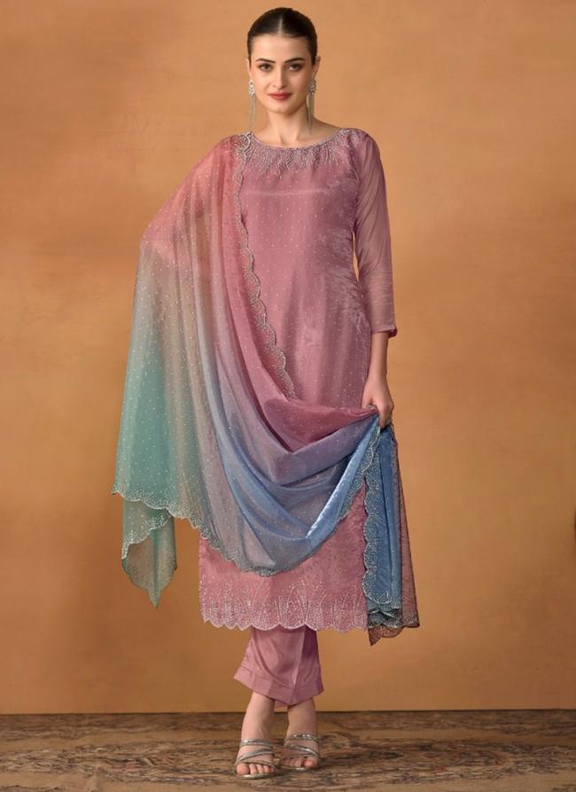 Organza Pink Casual Wear Crystal Work Straight Suit